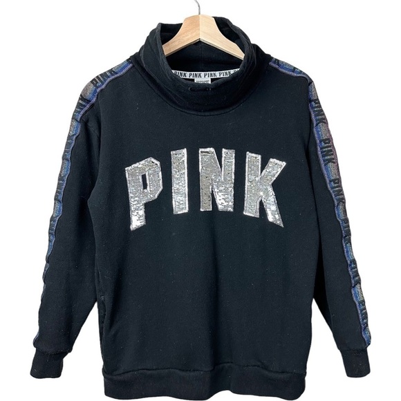 PINK Victoria's Secret Tops - PINK Victoria's Secret Black Fleece Cowlneck Sequins Longsleeves Women XS